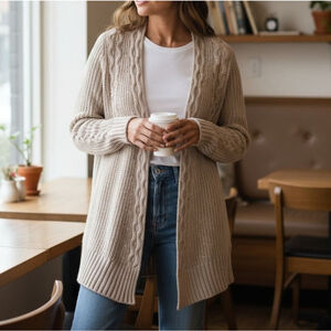 Club Monaco Cream Cable Knit Open Cardigan Sz Small